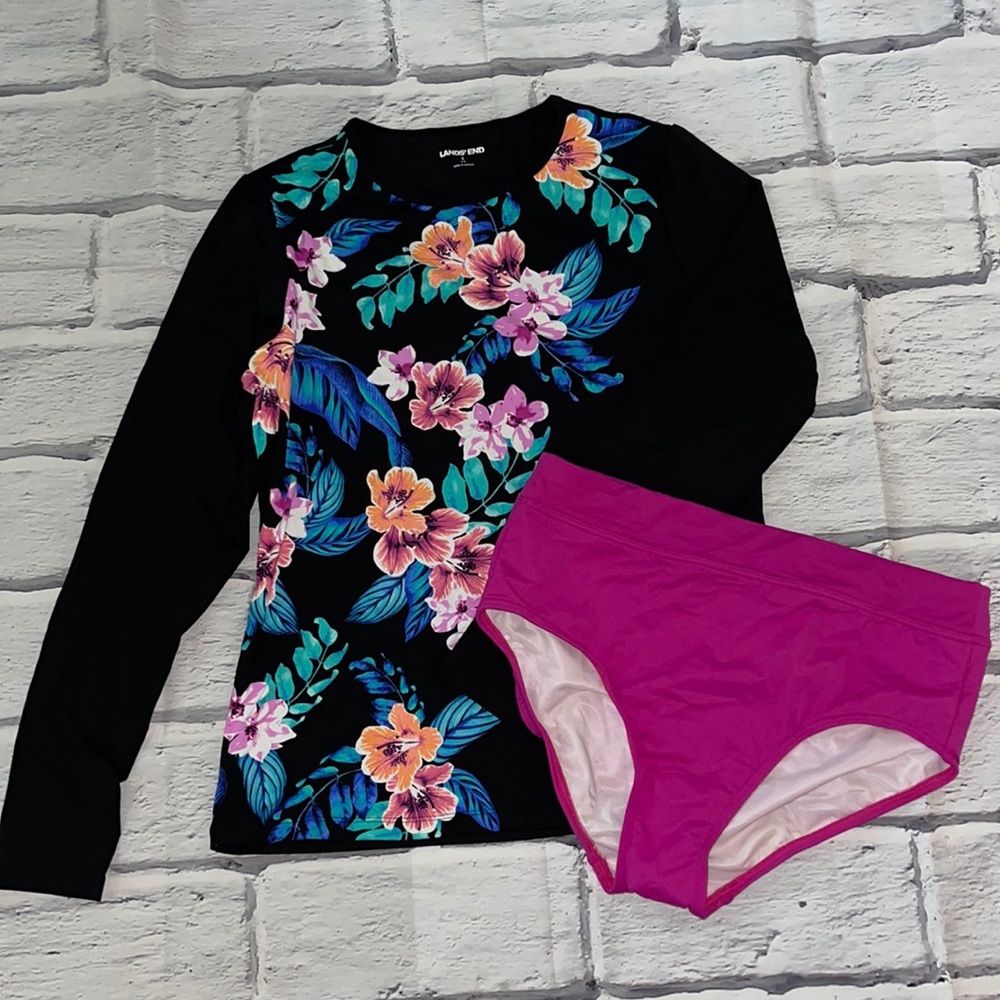 Never worn Lands End l/s rash guard and swim bottoms.  Size 8